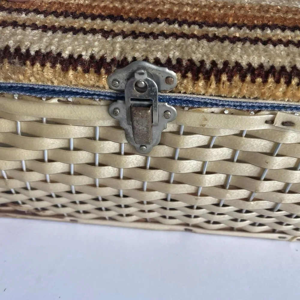 Vintage Woven Wicker  Sewing Basket Box W Carpet Tapestry Lid Wooden